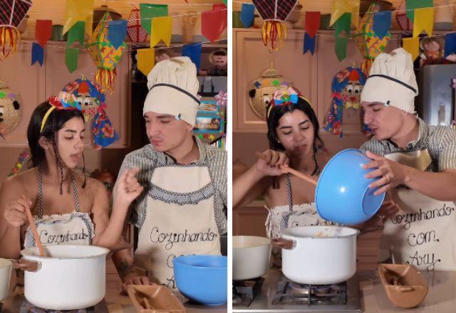Ary Mirelle cozinha com João Gomes e diverte seguidores